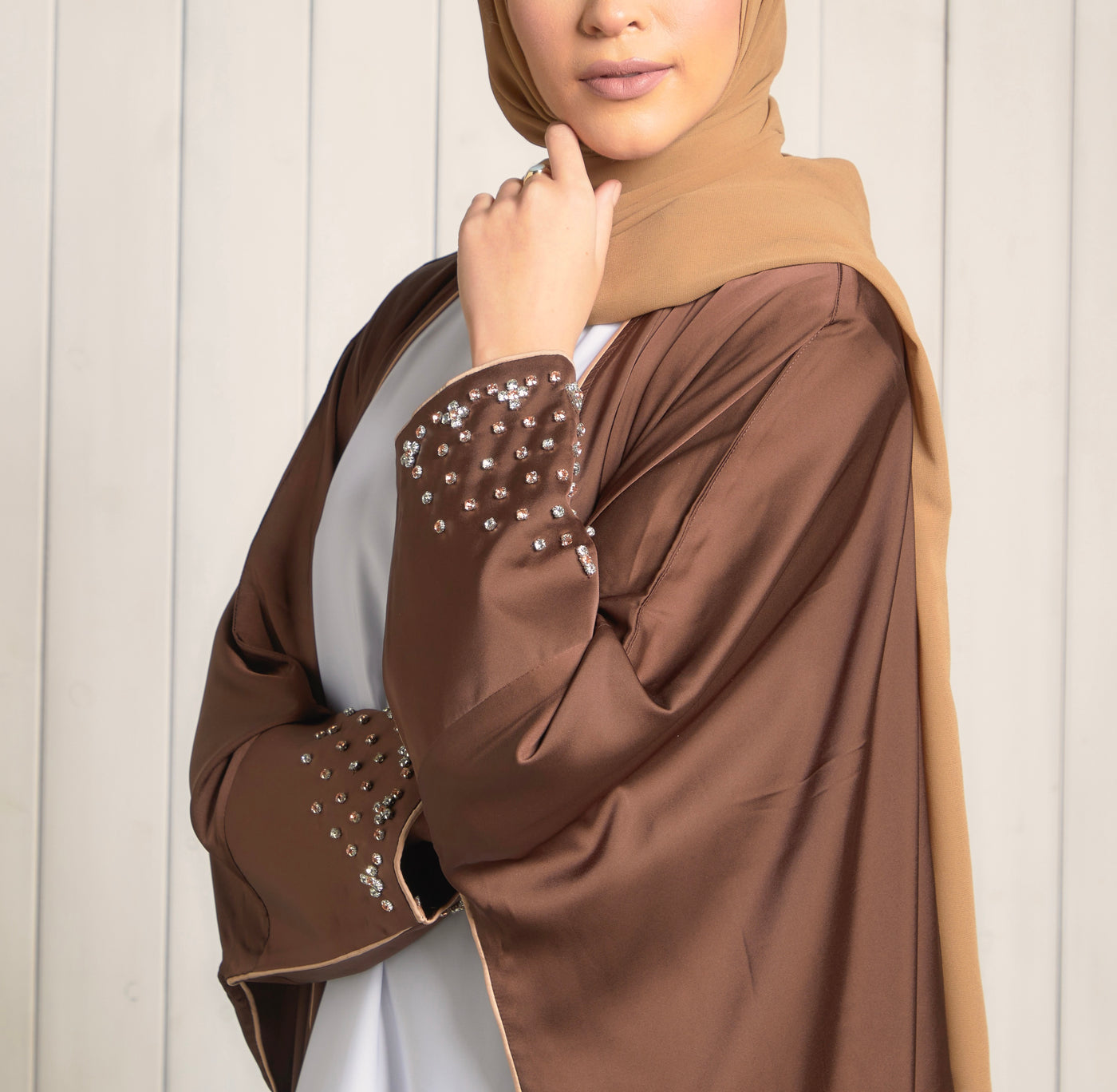 Mocha Batwing Abaya with Studded Sleeves