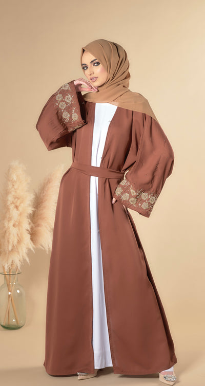 brown abaya with gold embellished sleeves