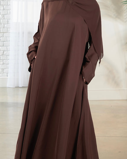 Casual Abaya with Pockets and Matching Hijab - Walnut