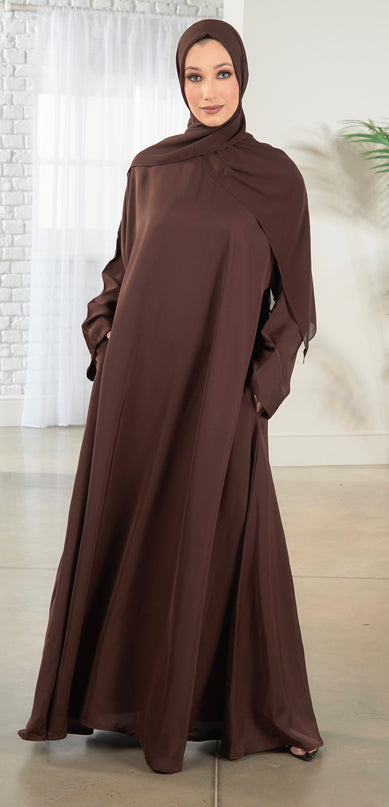 Casual Abaya with Pockets and Matching Hijab - Walnut