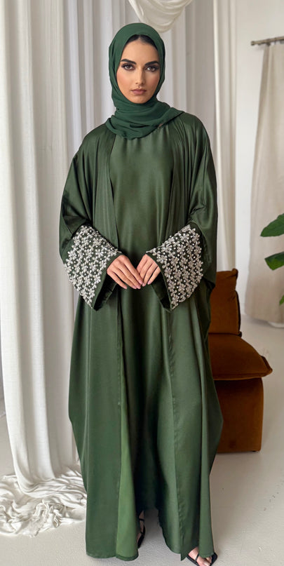 Stone Sleeve Abaya Set - Olive