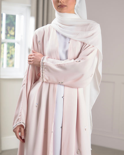 baby pink abaya with scattered pearls