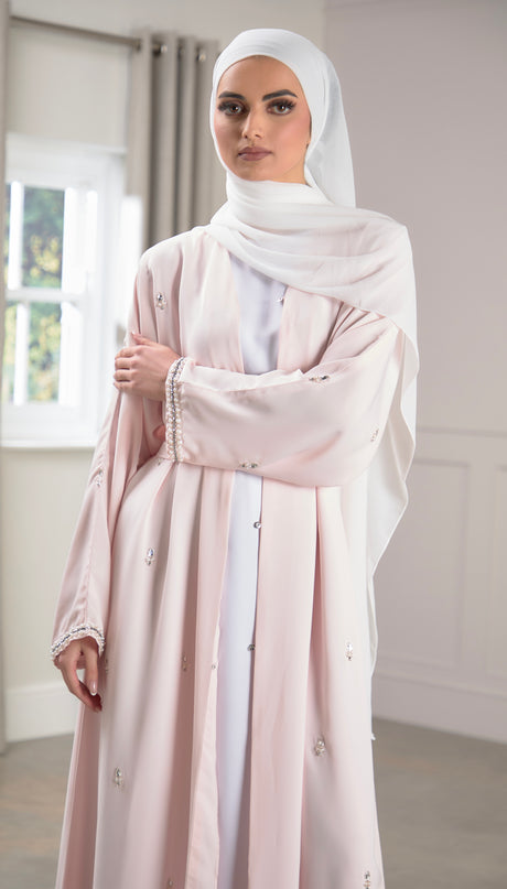 baby pink abaya with scattered pearls