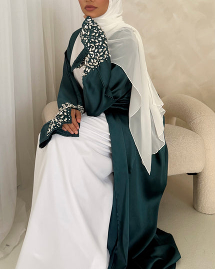 teal abaya with slitted stone embellished sleeves
