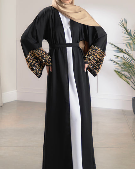 black abaya with gold embellished sleeves