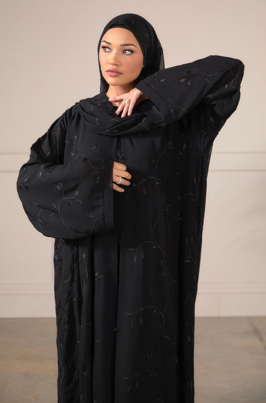 Leaf Embroidered Abaya With Matching Hijab - Black
