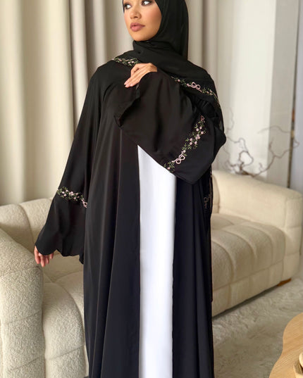 black abaya with floral embroidery