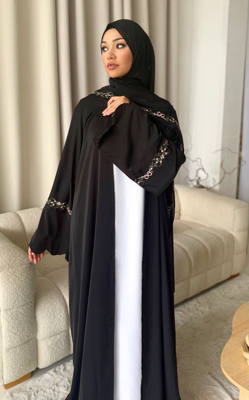 black abaya with floral embroidery