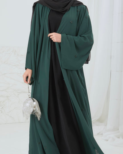 green open abaya with scattered floral embellishments