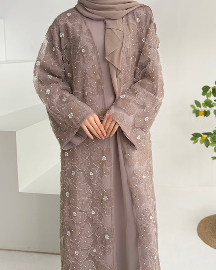 mocha floral net abaya with matching slip dress