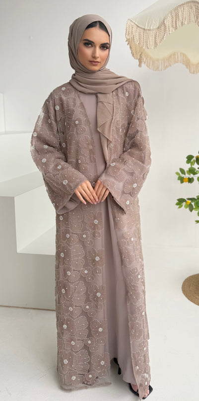 mocha floral net abaya with matching slip dress