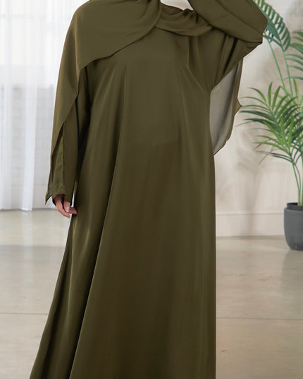 Casual Abaya with Pockets and Matching Hijab - Forest Green