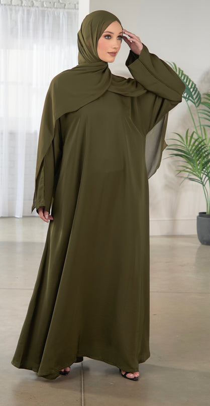 Casual Abaya with Pockets and Matching Hijab - Forest Green