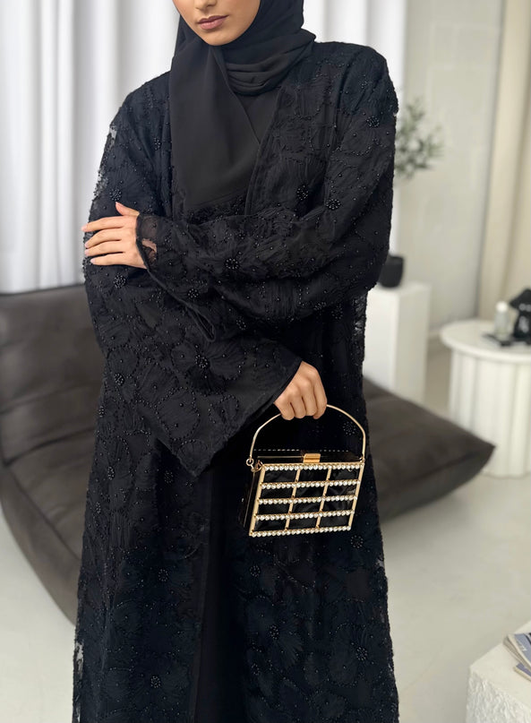 black net floral abaya with inner slip dress