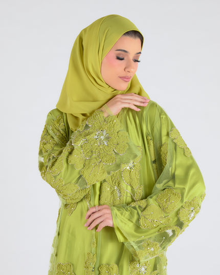 Sofina Floral Net Abaya Set (Slip Dress and Hijab included) NEON GREEN - Limited Edition