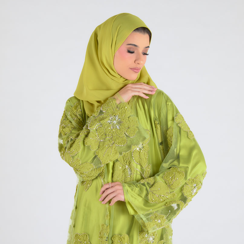 Sofina Floral Net Abaya Set (Slip Dress and Hijab included) NEON GREEN - Limited Edition