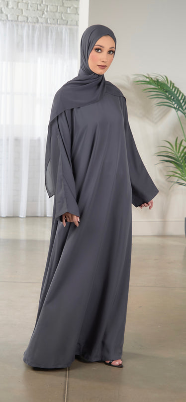 Casual Abaya with Pockets and Matching Hijab - Grey