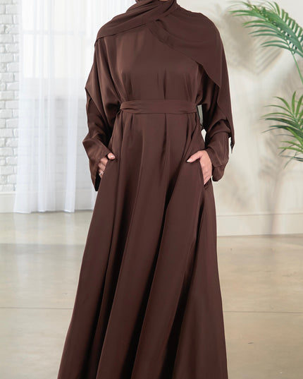 Casual Abaya with Pockets and Matching Hijab - Walnut