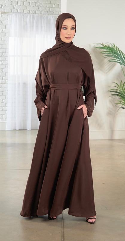 Casual Abaya with Pockets and Matching Hijab - Walnut