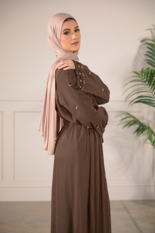 Chiffon Embellished Abaya - Coffee