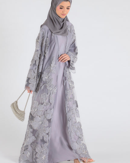 Sofina Floral Net Abaya Set (Slip Dress and Hijab included) GREY - Limited Edition