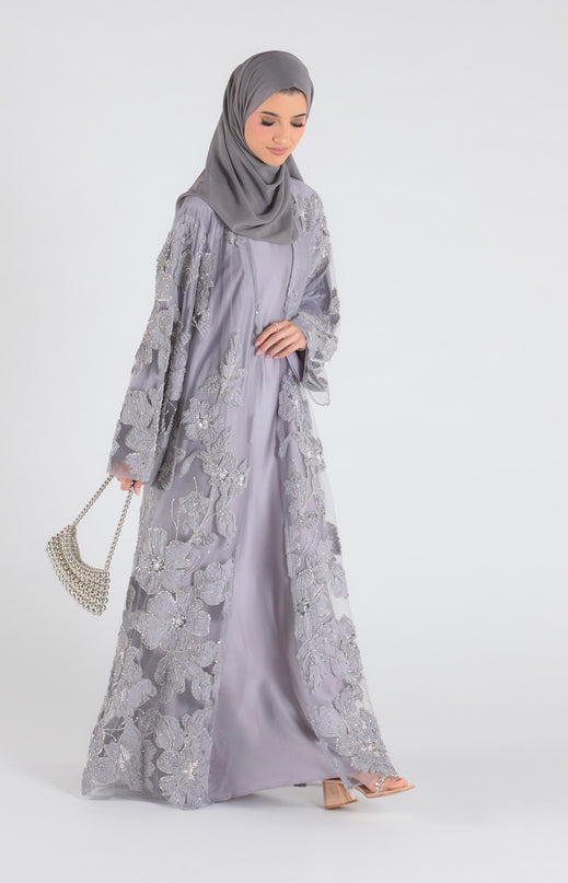 Sofina Floral Net Abaya Set (Slip Dress and Hijab included) GREY - Limited Edition