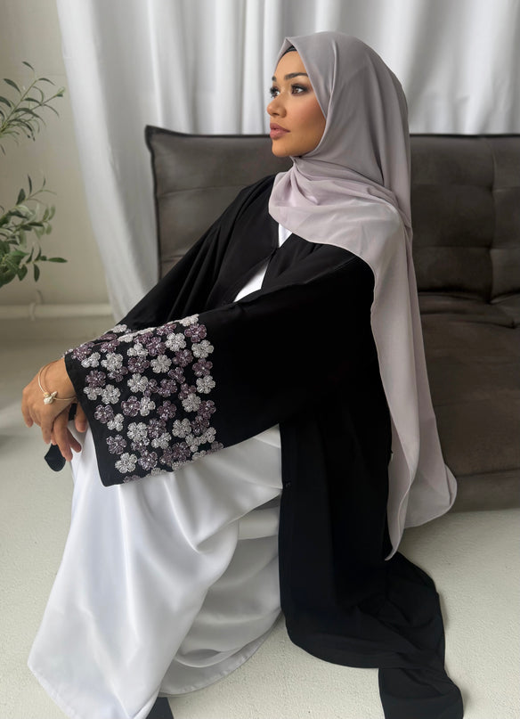 black abaya with purple/silver embellished sleeves