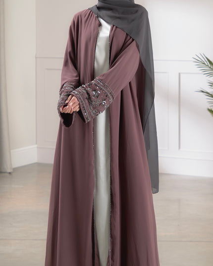 mauve embellished sleeve abaya