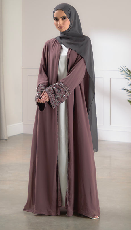 mauve embellished sleeve abaya