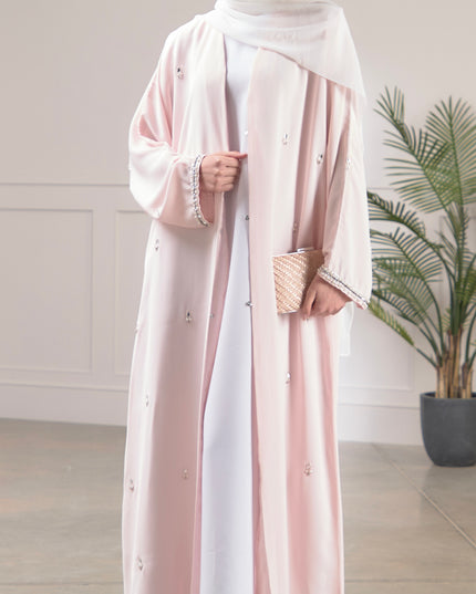 baby pink abaya with scattered pearls