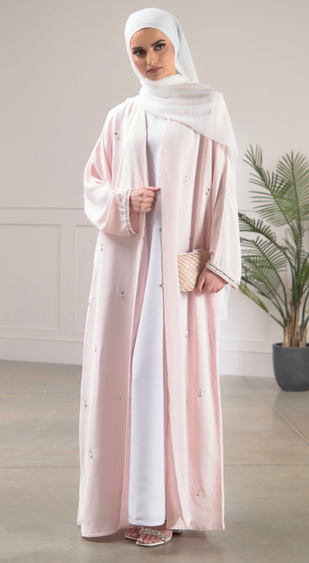 baby pink abaya with scattered pearls