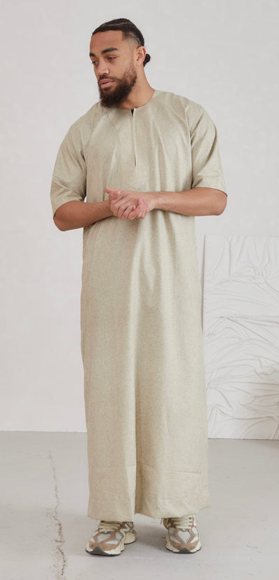 Men's Short Sleeve Linen Thobe - Sand