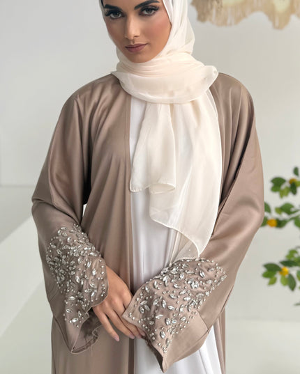almond abaya with slitted stone embellished sleeves