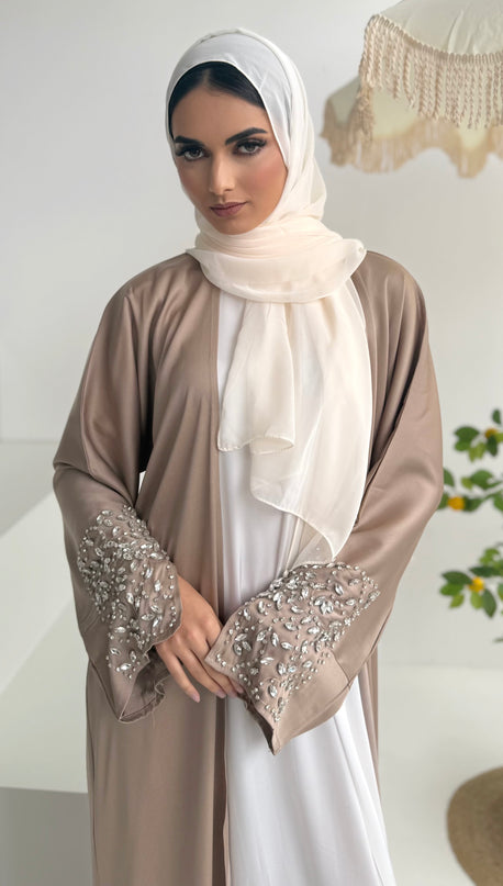 almond abaya with slitted stone embellished sleeves