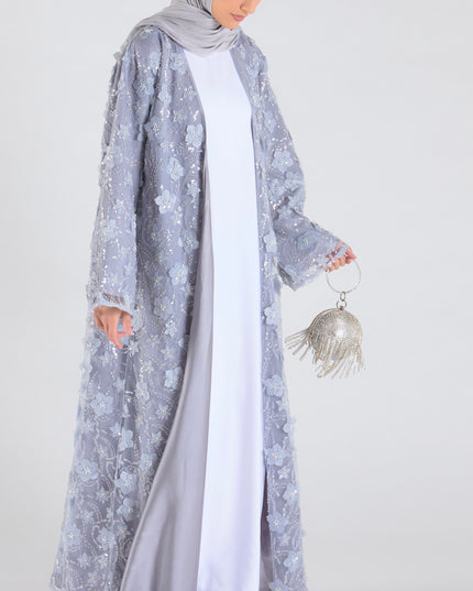 Grey Floral Net Abaya - Limited Edition
