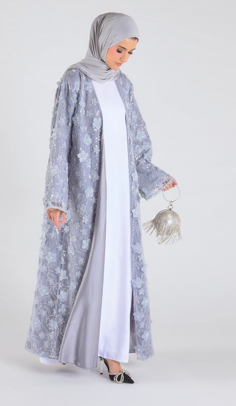 Grey Floral Net Abaya - Limited Edition