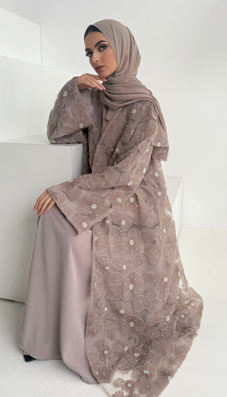 mocha floral net abaya with inner slip dress