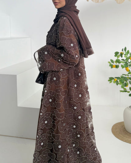 brown floral net abaya with inner slip dress