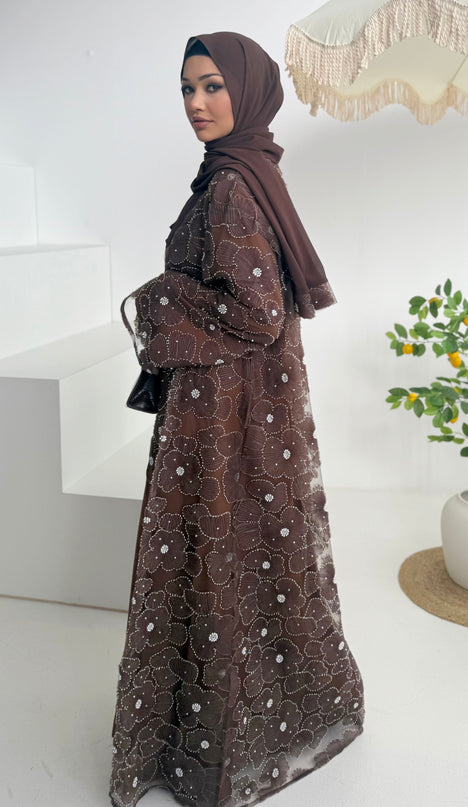 brown floral net abaya with inner slip dress