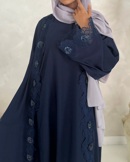 navy abaya with floral lace border