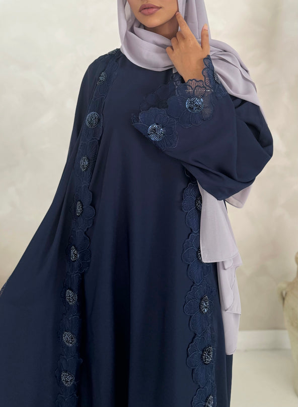 navy abaya with floral lace border