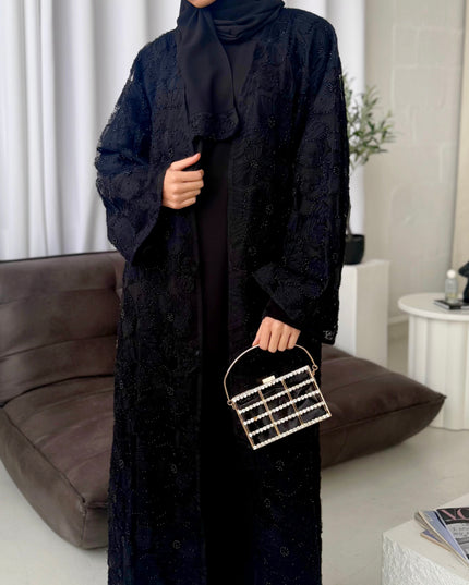 black net floral abaya with inner slip dress 