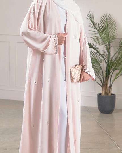 baby pink abaya with scattered pearls