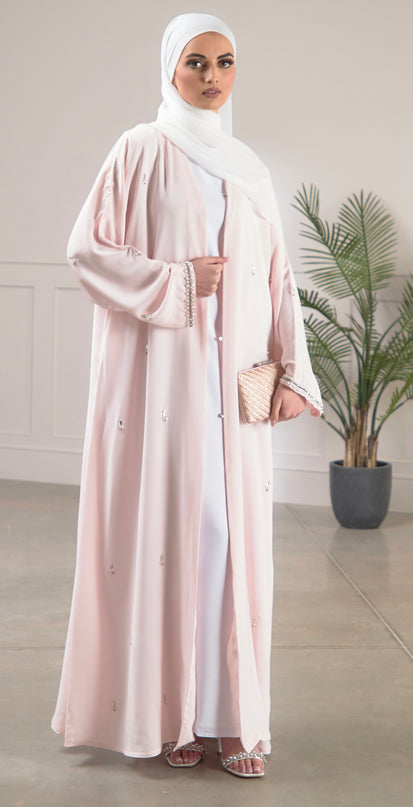baby pink abaya with scattered pearls