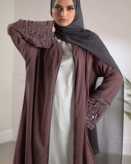 mauve embellished sleeve abaya