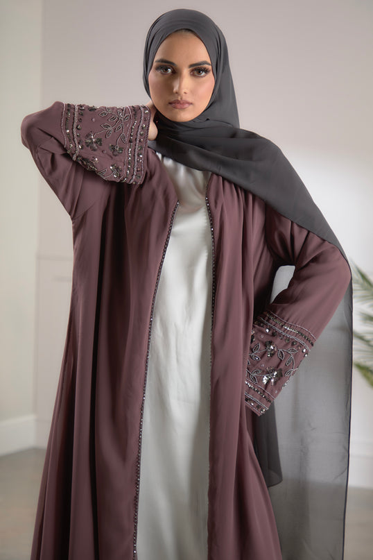 mauve embellished sleeve abaya