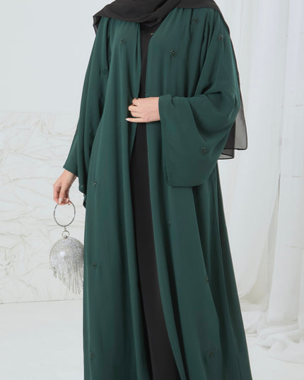 green open abaya with scattered floral embellishments
