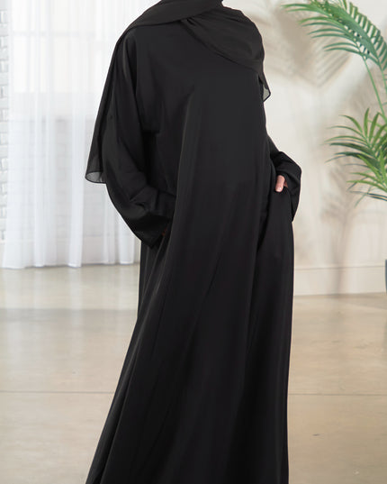 Casual Abaya with Pockets and Matching Hijab - Black
