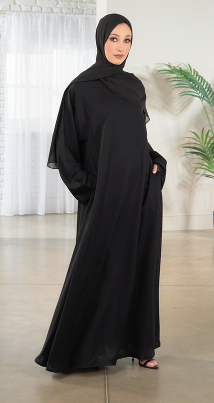 Casual Abaya with Pockets and Matching Hijab - Black