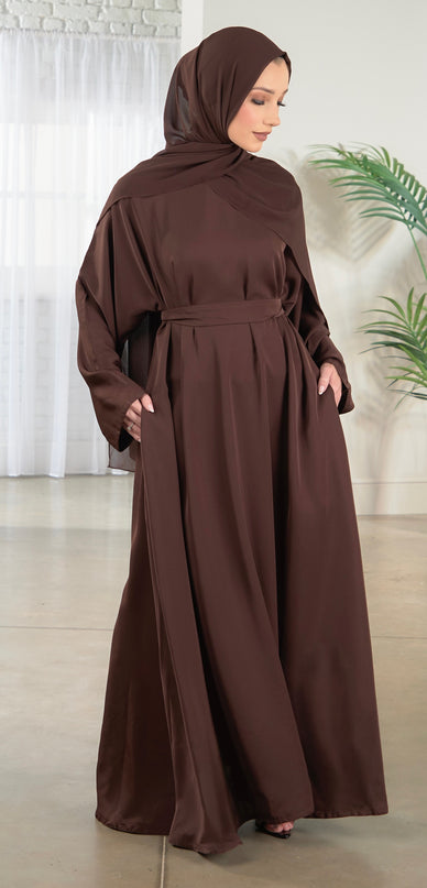Casual Abaya with Pockets and Matching Hijab - Walnut